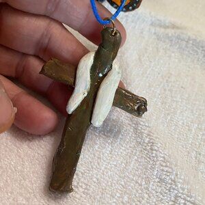 Brown Clay Cross with shroud necklack. Handpainted and crafted